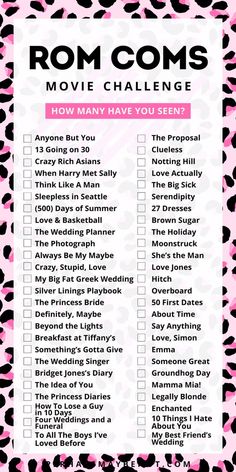 a pink and black leopard print with the text rom coms movie challenge how many have you seen?