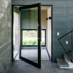 IWD-Wrought-Iron-Pivot-Door-Exterior-CID-PV001-1-Lite-Panel-Square-Top-Matte-Black-1 Metal French Doors, Pivot Doors Entry, Steel French Doors, Modern Entry Door, Iron Entry Doors, Entry Doors With Glass, Contemporary Front Doors, Pivot Door, Door Exterior