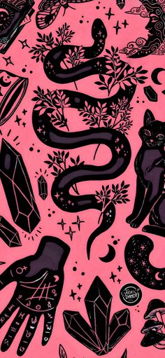 an image of a pink background with black and white images on it that include cats, snakes, diamonds, and other things