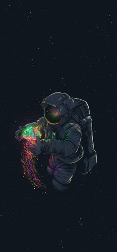 an astronaut floating in the air with his hand on his hip and holding a jellyfish