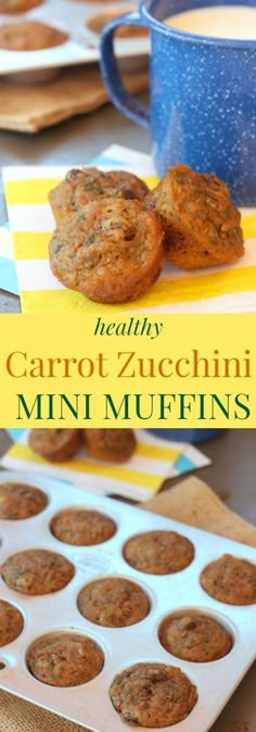 healthy carrot zucchini mini muffins in a muffin pan on a table