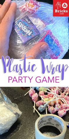 the plastic wrap party game is ready to be filled with candy and marshmallows