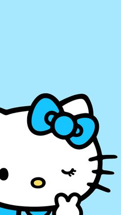 an image of a hello kitty wallpaper with blue eyes and bow on it's head