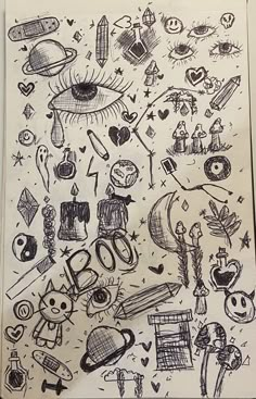 a drawing on paper with various items and symbols drawn in the style of doodles