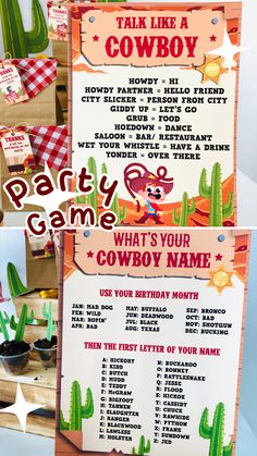 a cowboy party game is shown in three different pictures, including the name and numbers