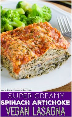 a white plate topped with lasagna and broccoli