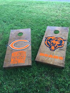 two chicago bears cornhole boards on the grass