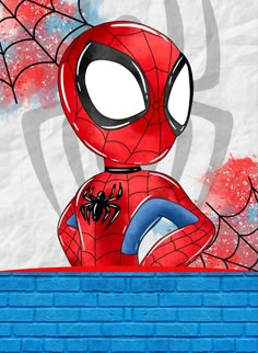 a cartoon spider - man standing in front of a brick wall