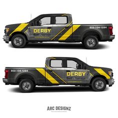 two side by side pictures of a truck with the name derby in yellow and black