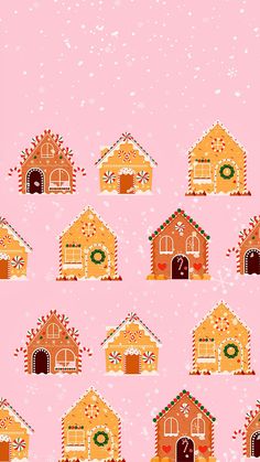 a group of gingerbread houses on a pink background