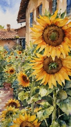 a painting of sunflowers in front of a house