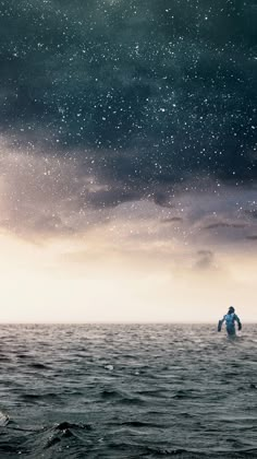 an astronaut floating in the middle of the ocean under a cloudy sky with stars above