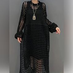 Chic Open Weave Hallow Out Crochet Sweater Dress With Side Slits Solid Black - Simply Fabulous **Please Note That No Offers Will Be Sent But I Will Gladly Consider Yours, And If You Want Me To Send One On Clear The Closet Day, I’ll Be Happy To Do So That Way You Can Save On Shipping Too Size: 2x (Refer To Images For Measurements) Can Be Used As Top, Cover-Up Or Dress Stylish Crew Neck Drop Shoulders Open Knit / Semi-Sheer Thick Crochet Long Sleeve Loose Fitting Oversized Comfy Soft Feeling Some Long Hollow Out Dresses, Black Midi Dress For Spring Layering, Black Knit Midi Dress For Summer, Black Maxi Dress With Side Slits, Elegant Long Open Knit Dress, Casual Knit Hollow Out Dresses, Casual Knit Dress With Hollow Out Details, Black Long Sleeve Knit Midi Dress, Black Midi Dress With Long Sleeves And Side Slits