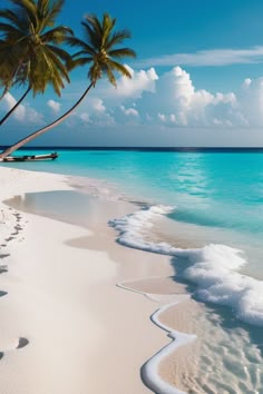 a beach with palm trees and blue water