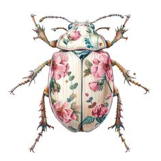 a bug with pink flowers on it's body