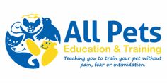 all pets education & training logo with cats and dogs on the bottom right hand corner