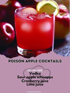 a red drink with an apple on the side and text that reads, poson apple cocktail