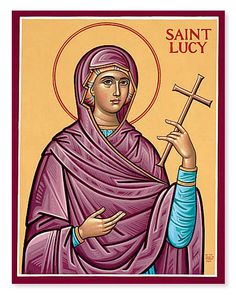 an icon of saint lucia holding a cross and wearing a purple robe with the words saint lucia on it