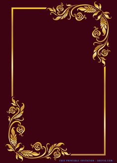 an elegant gold frame on a maroon background with swirls and leaves in the corners