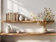 a vase filled with flowers sitting on top of a wooden shelf