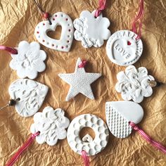 some ornaments are arranged in the shape of hearts and stars