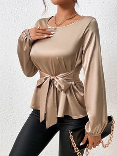 Champagne Elegant Collar Long Sleeve Fabric Plain Top Embellished Non-Stretch  Women Tops, Blouses & Tee Champagne Blouse Outfit, Muslim Girl Outfits, Belted Blouse, Satin Design, Estilo Hijab, Satin Formal Dress, Women Blouses Fashion, Fashion Design Patterns