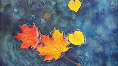 an acrylic painting of two maple leaves floating on water with hearts in the background