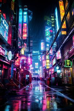 a city street at night with neon signs on the buildings and people walking in the rain