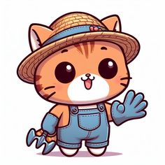 a cartoon cat wearing overalls and a straw hat with his hands in the air