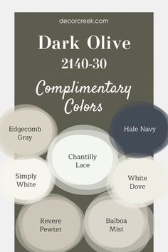 Dark Olive by Benjamin Moore is a deep, earthy green that pairs beautifully with light and neutral shades. White Dove, Chantilly Lace, and Simply White provide a crisp, bright contrast, while Edgecomb Gray, Revere Pewter, and Balboa Mist offer soft neutrals for balance. For a bold accent, Hale Navy adds striking depth. This versatile palette creates a refined and grounded look, ideal for any room or style. Revere Pewter Coordinating Colors, Balboa Mist, Edgecomb Gray, Dark Green Walls, Hale Navy, Trim Colors, Revere Pewter, Interior Remodel, Benjamin Moore Colors