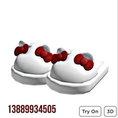 two white shoes with red bows on the top and bottom, sitting side by side