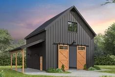 a garage with two doors on the front and one door open to let in light