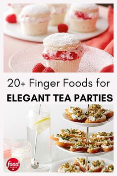 Top photo: berry pastry 
Bottom photo: finger sandwiches Morning Tea Party Food, Spring Tea Party Food, Savory Tea Party Food, Tea Party Finger Foods, Elegant Finger Foods, Tea Party Food Ideas, Buttery Scones, Rv Snacks