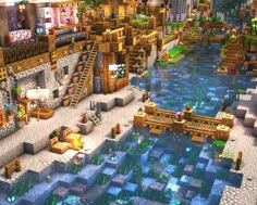 Lake Base Minecraft, Minecraft Ravine Build, Minecraft Multiplayer Ideas, Minecraft River Village, Minecraft Diagonal House, Minecraft Medieval Street, Minecraft Enclosure, Minecraft Port Town, Minecraft Street Lamp