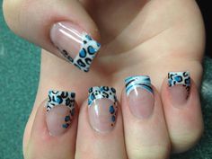 Blue, black, silver Leopard and zebra print nail design. Nails by SarahO Silver Acrylic Nail Designs, Silver Acrylic Nails, Zebra Print Nails, Cheetah Nails, Almond Nut, Zebra Design