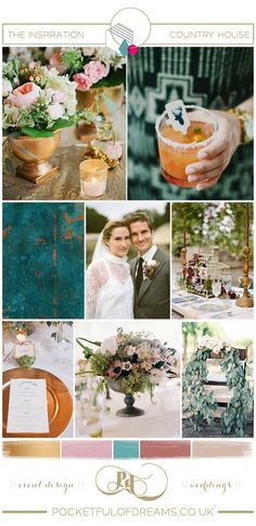 a collage of photos with flowers and greenery on them, including the bride and groom