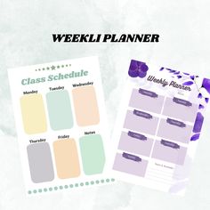 the weekly planner is displayed next to an image of a purple and green floral arrangement