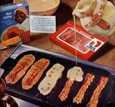 an advertisement for waffles with bacon on the buns and hot dog buns