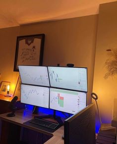 three computer monitors sitting on top of a desk