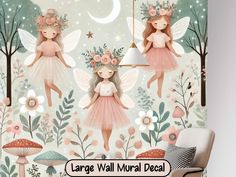 large wall mural with two little fairy girls in pink dresses and flowers on the ceiling