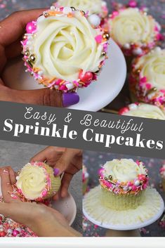 cupcakes with white frosting and sprinkles on them are being held by two hands