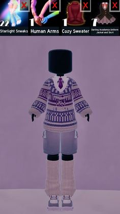 an animated image of a person wearing skis in front of a purple background with the words human arms cozy sweater