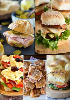 several different types of sandwiches and salads on wooden cutting boards with text overlay