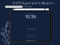 the calendar is displayed on an ipad with flowers and leaves around it, as well as a blue background