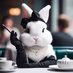 a rabbit dressed in black and white sitting at a table