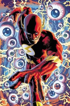 the flash is flying through an eyeball with his hands out and eyes in the background