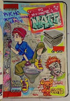 a drawing of a boy sitting on top of a toilet with graffiti all over it