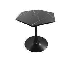 a black table with a marble top on a metal base, against a white background