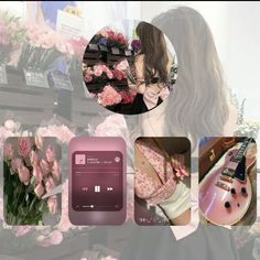 a collage of photos with pink flowers and music instruments in the background, including an electric guitar