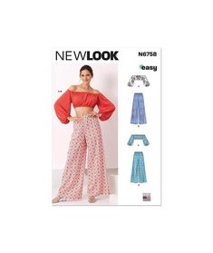 the new look sewing pattern is shown in two different styles, including one top and pants